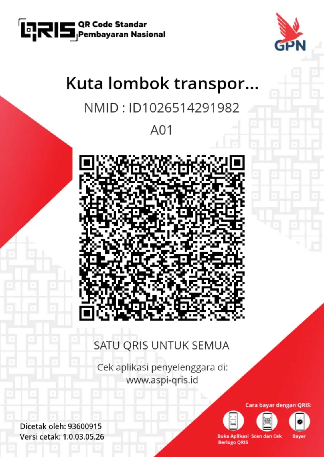 QRIS Payment Code Kuta Lombok Transport
